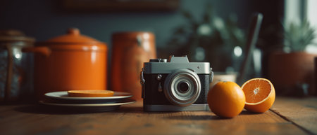 Fresh and juicy oranges on the table with camera. Feeling of freshness and juiciness. Generative AIの素材