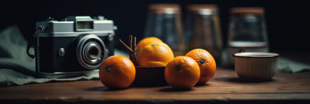 Fresh and juicy oranges on the table with camera. Feeling of freshness and juiciness. Generative AIの素材