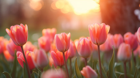 A field of tulips at sunrise. Generative AIの素材