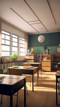 A classroom with a blackboard and desks. Generative AIの素材