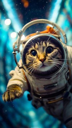 The astronaut cat soars through a vast galaxy. Exploring the wonders of space. Generative AIの素材