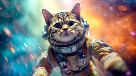 The astronaut cat soars through a vast galaxy. Exploring the wonders of space. Generative AIの素材