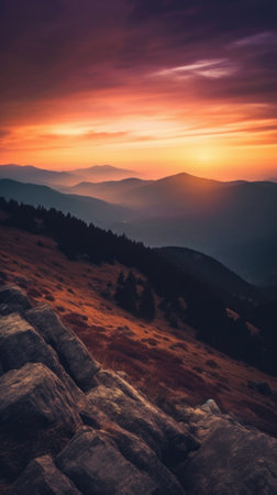 Majestic Sunset Over a Serene Mountain Landscape. Generative AIの素材