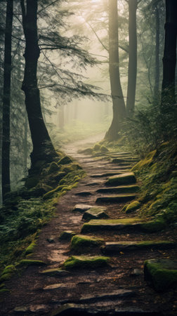 Enchanting Forest Path in Morning Mist. Generative AIの素材