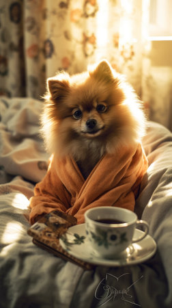 A cute spitz is enjoying a cup of coffee. Generative AIの素材