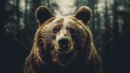 Portrait of a majestic face of a bear on the background of a forest. Generative AIの素材