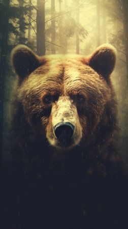 Portrait of a majestic face of a bear on the background of a forest. Generative AIの素材