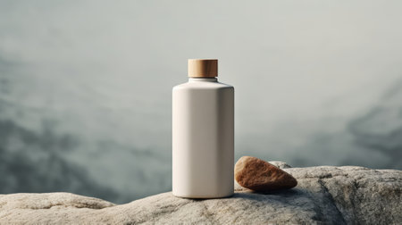 Clean and minimalist cosmetic bottle on stone. Generative AIの素材