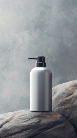 Clean and minimalist cosmetic bottle on stone. Generative AIの素材