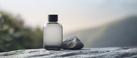 Clean and minimalist cosmetic bottle on stone. Generative AIの素材