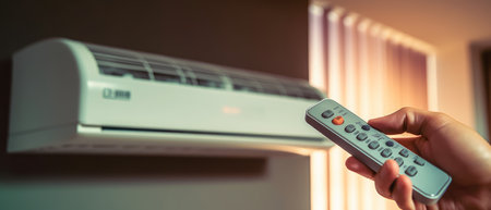 Hand holds the remote control to turn on the air conditioner. Generative AIの素材
