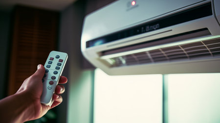 Hand holds the remote control to turn on the air conditioner. Generative AIの素材