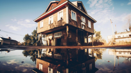 Imprint of the house on the water. upside down house. Generative AIの素材