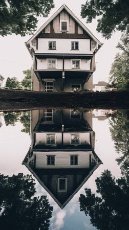 Imprint of the house on the water. upside down house. Generative AIの素材