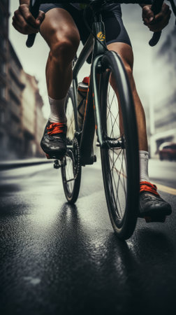 A cyclist's legs spin the pedals. Generative AIの素材