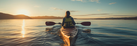 A man gracefully kayaks on the calm surface of the water. Generative AIの素材