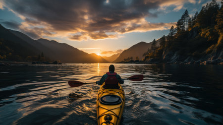 A man gracefully kayaks on the calm surface of the water. Generative AIの素材