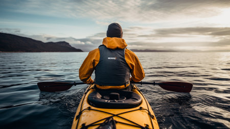 A man gracefully kayaks on the calm surface of the water. Generative AIの素材