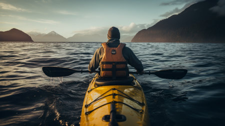 A man gracefully kayaks on the calm surface of the water. Generative AIの素材