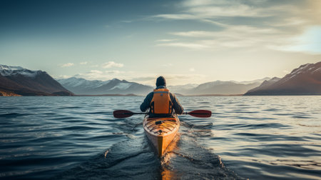 A man gracefully kayaks on the calm surface of the water. Generative AIの素材