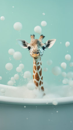 A minimalistic giraffe in a bath with soap bubbles. Generative AIの素材