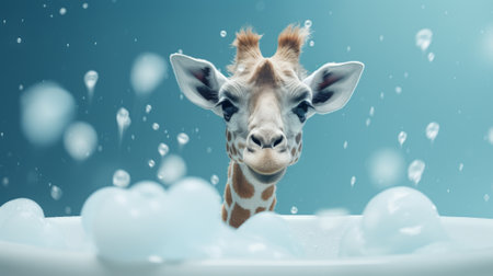 A minimalistic giraffe in a bath with soap bubbles. Generative AIの素材