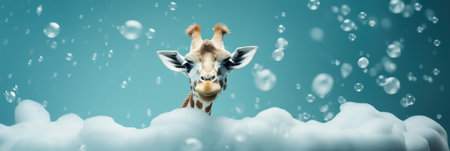 A minimalistic giraffe in a bath with soap bubbles. Generative AIの素材