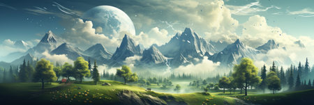 Environment illustration. A vibrant ecosystem surrounding the globe. Planets with lush green forests and snow-capped mountains. Generative AIの素材