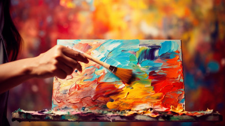 The artist's hand holds a brush over the canvas. Generative AIの素材