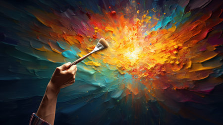 The artist's hand holds a brush over the canvas. Generative AIの素材