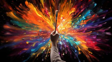 The artist's hand holds a brush over the canvas. Generative AIの素材