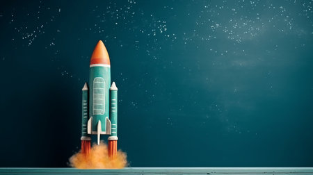 A rocket takes off on a blue background. Generative AIの素材