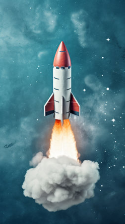 A rocket takes off on a blue background. Generative AIの素材