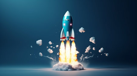 A rocket takes off on a blue background. Generative AIの素材