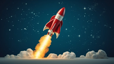 A rocket takes off on a blue background. Generative AIの素材