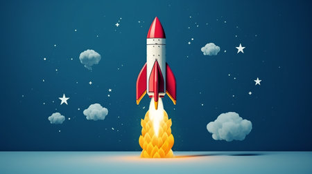 A rocket takes off on a blue background. Generative AIの素材