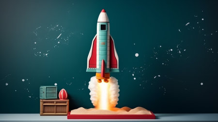 A rocket takes off on a blue background. Generative AIの素材