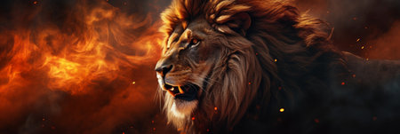 The Lion King amidst a fiery landscape. The Lion King in Bright Fire. The Lion King stands proudly with a majestic mane and a powerful gaze. Generative AIの素材