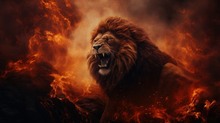 The Lion King amidst a fiery landscape. The Lion King in Bright Fire. The Lion King stands proudly with a majestic mane and a powerful gaze. Generative AIの素材