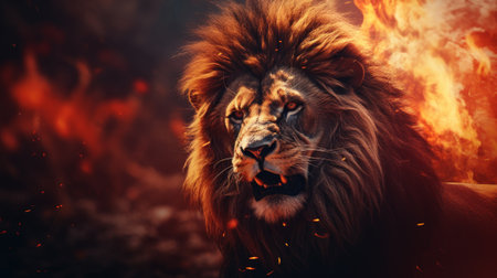 The Lion King amidst a fiery landscape. The Lion King in Bright Fire. The Lion King stands proudly with a majestic mane and a powerful gaze. Generative AIの素材