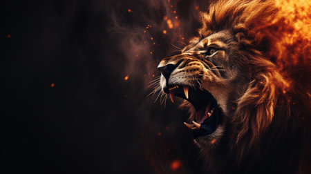 The Lion King amidst a fiery landscape. The Lion King in Bright Fire. The Lion King stands proudly with a majestic mane and a powerful gaze. Generative AIの素材