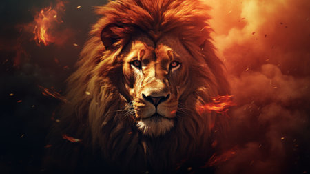 The Lion King amidst a fiery landscape. The Lion King in Bright Fire. The Lion King stands proudly with a majestic mane and a powerful gaze. Generative AIの素材