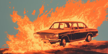 Car on fire in retro style. Generative AIの素材