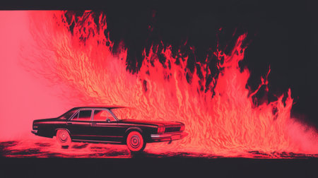 Car on fire in retro style. Generative AIの素材