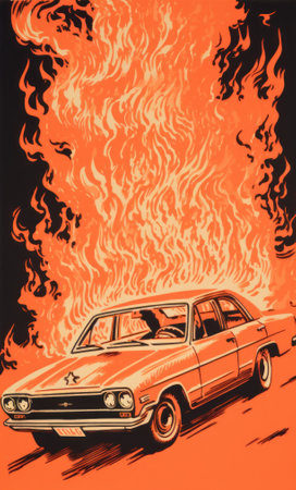 Car on fire in retro style. Generative AIの素材