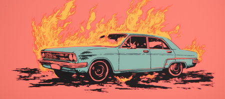 Car on fire in retro style. Generative AIの素材