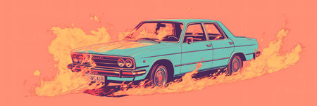 Car on fire in retro style. Generative AIの素材