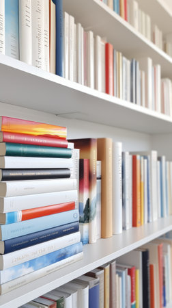 Close up of library books on shelf. Generative AIの素材
