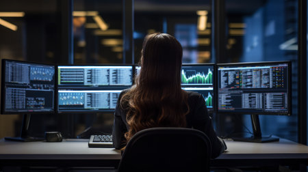 A woman works on several computer screens. Generative AIの素材