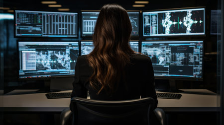 A woman works on several computer screens. Generative AIの素材
